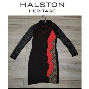 Halston Heritage Women Black diamond key hole Neck Long-Sleeve Lace Dres…